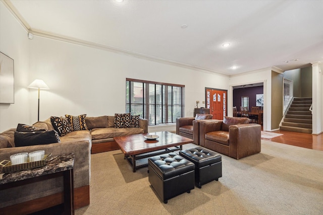1112 Jackson Blvd, Houston, TX 77006 - living room featuring crown molding, stairway, recessed lighting, light carpet, and decorative columns