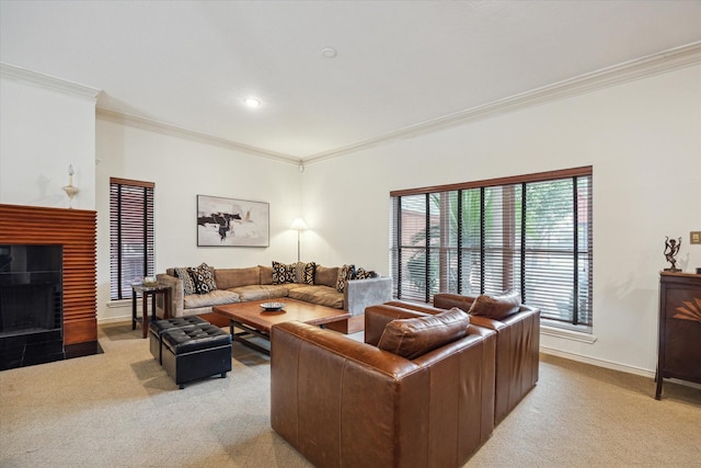 1112 Jackson Blvd, Houston, TX 77006 - living area featuring ornamental molding, light colored carpet, a tile fireplace, and recessed lighting