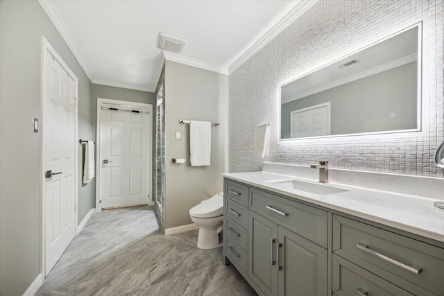 1112 Jackson Blvd, Houston, TX 77006 - bathroom featuring ornamental molding, toilet, vanity, a stall shower, and baseboards