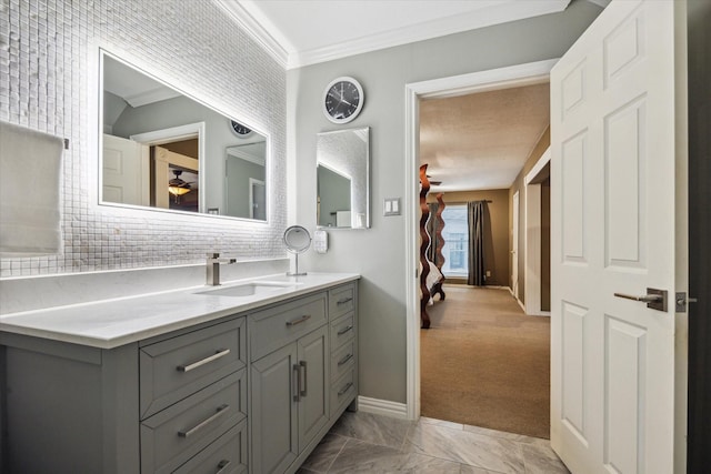 1112 Jackson Blvd, Houston, TX 77006 - bathroom with vanity, crown molding, tasteful backsplash, baseboards, and a ceiling fan