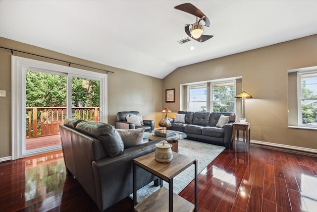 1112 Jackson Blvd, Houston, TX 77006 - living room with ceiling fan, baseboards, dark wood-style flooring, and vaulted ceiling