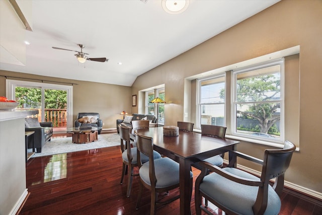 1112 Jackson Blvd, Houston, TX 77006 - dining room with hardwood / wood-style floors, baseboards, vaulted ceiling, and a ceiling fan