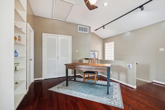 1112 Jackson Blvd, Houston, TX 77006 - office area with track lighting, vaulted ceiling, attic access, hardwood / wood-style flooring, and baseboards