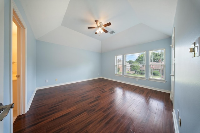 1818 Hillgreen Dr, Katy, TX 77494 - empty room featuring a ceiling fan, dark wood-style flooring, baseboards, and lofted ceiling