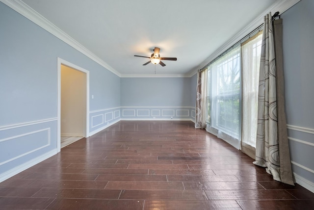 1818 Hillgreen Dr, Katy, TX 77494 - empty room with ceiling fan, crown molding, dark wood-style floors, and a wainscoted wall