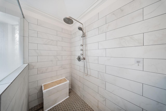 1818 Hillgreen Dr, Katy, TX 77494 - full bath with walk in shower, ornamental molding, tile patterned flooring, and tile walls