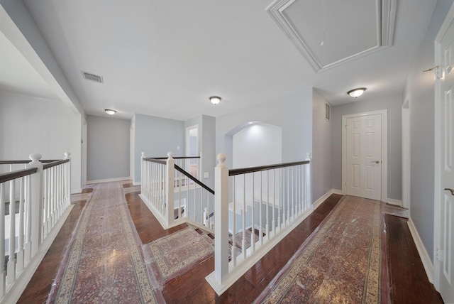 1818 Hillgreen Dr, Katy, TX 77494 - hall featuring attic access, wood finished floors, an upstairs landing, and baseboards