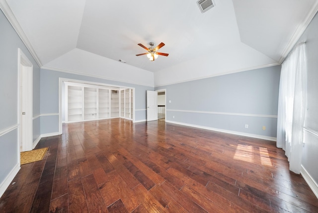 1818 Hillgreen Dr, Katy, TX 77494 - unfurnished living room with a ceiling fan, built in shelves, lofted ceiling, wood-type flooring, and baseboards