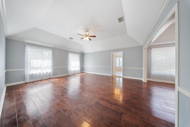 1818 Hillgreen Dr, Katy, TX 77494 - unfurnished room with ceiling fan, hardwood / wood-style floors, a raised ceiling, lofted ceiling, and baseboards