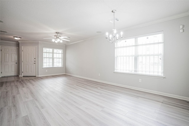 12903 Belmont Legend Ct, Houston, TX 77047 - unfurnished living room featuring a ceiling fan, crown molding, a chandelier, baseboards, and light wood-style flooring