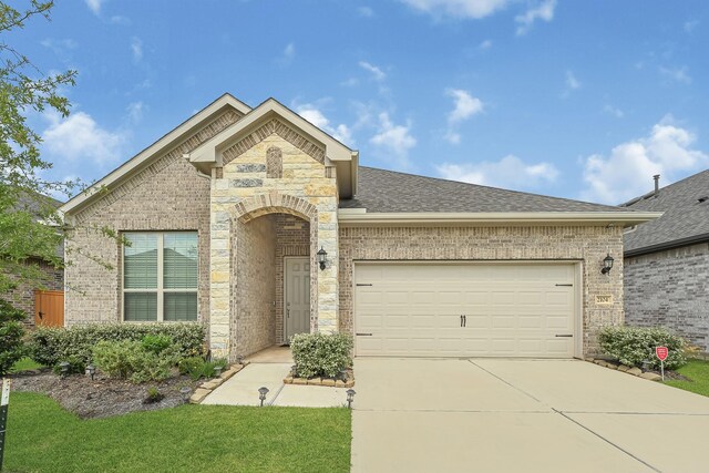 2104 Terra Rose Dr, Katy, TX 77493 - french country style house with brick siding, driveway, a garage, and a shingled roof