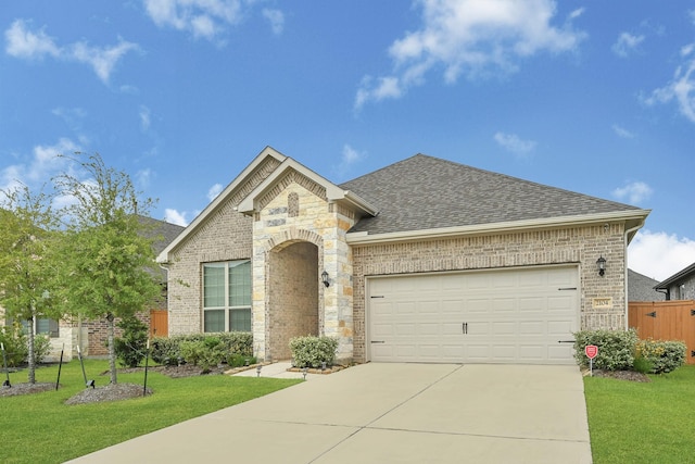 2104 Terra Rose Dr, Katy, TX 77493 - french country inspired facade with roof with shingles, driveway, brick siding, an attached garage, and stone siding