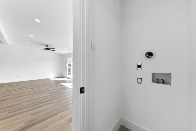 13014 John Reynolds Rd, Galveston, TX 77554 - laundry area with baseboards, light wood-style floors, recessed lighting, ceiling fan, and washer hookup