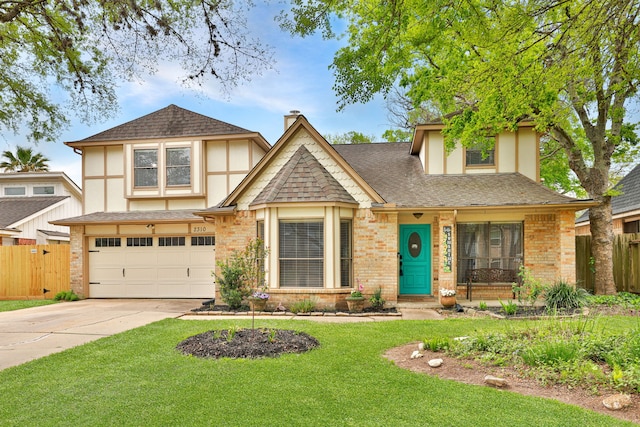 2310 Willow Bend Dr, Richmond, TX 77406 - tudor home featuring a garage, driveway, brick siding, and a shingled roof