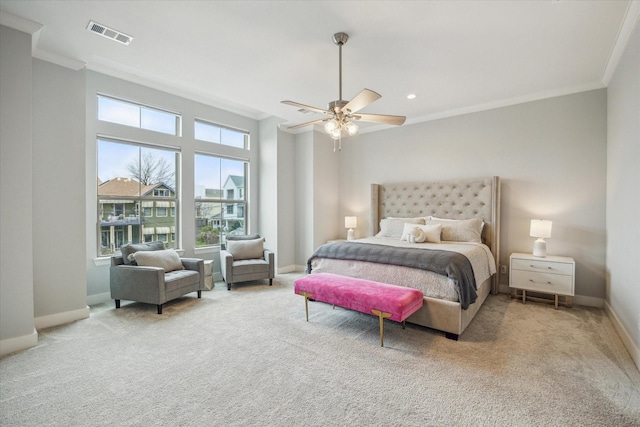 706 Olive St Unit B, Houston, TX 77007 - bedroom featuring ornamental molding, carpet flooring, baseboards, a ceiling fan, and recessed lighting