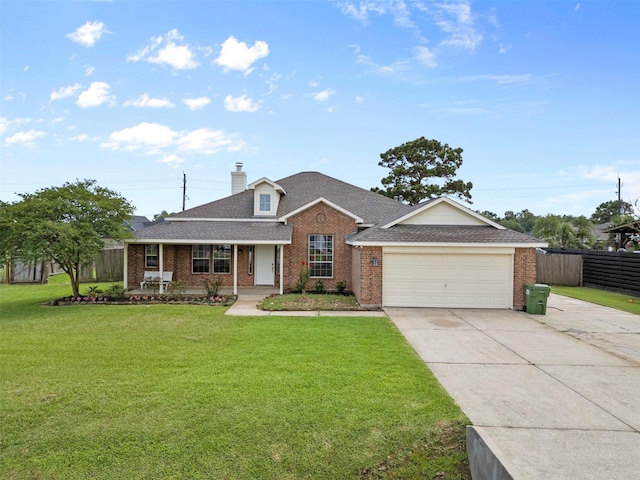 1814 Caroline Ave, Baytown, TX 77523 - view of front of house featuring brick siding, an attached garage, concrete driveway, roof with shingles, and a chimney