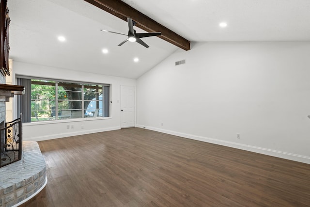 10507 Stockman Ln, Sugar Land, TX 77498 - unfurnished living room featuring a brick fireplace, dark wood-style floors, ceiling fan, baseboards, and recessed lighting