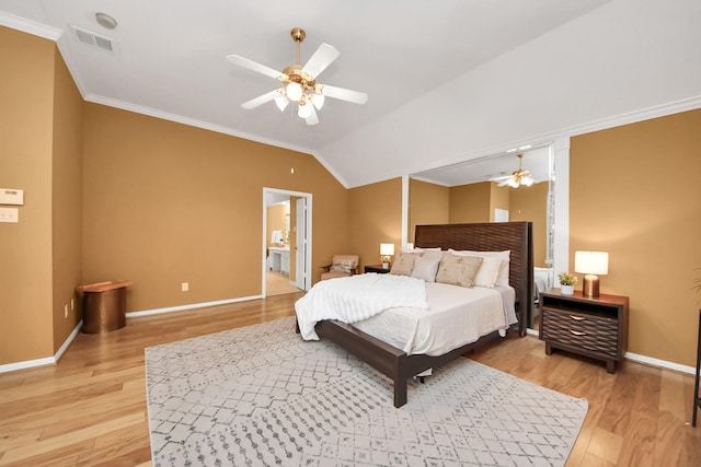 1542 Orchard Park Dr, Houston, TX 77077 - bedroom featuring light wood-style flooring, crown molding, baseboards, lofted ceiling, and ceiling fan