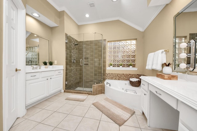 1542 Orchard Park Dr, Houston, TX 77077 - full bathroom featuring ornamental molding, a stall shower, a bath, tile patterned flooring, and vanity