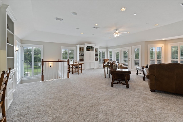 9611 Stonebridge Pl, Tomball, TX 77375 - living area with carpet floors, recessed lighting, and a ceiling fan
