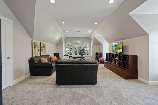 9611 Stonebridge Pl, Tomball, TX 77375 - living room featuring light colored carpet, baseboards, vaulted ceiling, and recessed lighting