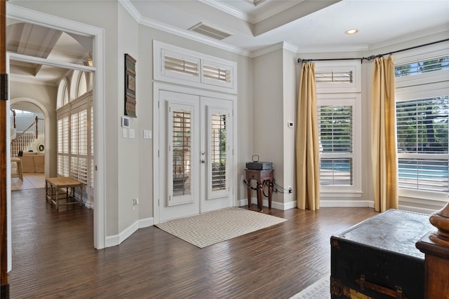 9611 Stonebridge Pl, Tomball, TX 77375 - entryway featuring ornamental molding, dark wood-style flooring, french doors, baseboards, and recessed lighting