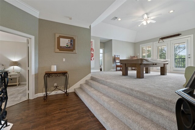 9611 Stonebridge Pl, Tomball, TX 77375 - playroom featuring dark wood-style flooring, baseboards, recessed lighting, ceiling fan, and ornamental molding