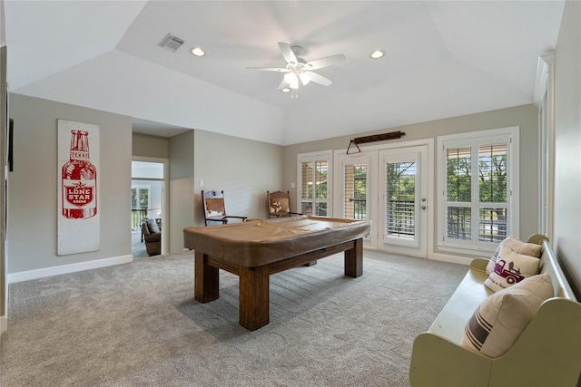 9611 Stonebridge Pl, Tomball, TX 77375 - recreation room with carpet flooring, a ceiling fan, billiards table, recessed lighting, and vaulted ceiling