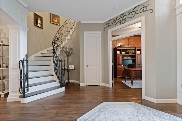 9611 Stonebridge Pl, Tomball, TX 77375 - entrance foyer featuring ornate columns, dark wood-type flooring, stairway, and baseboards