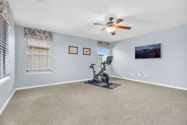 3506 Bennett Trails Dr, Spring, TX 77386 - exercise room with ceiling fan, carpet floors, and baseboards