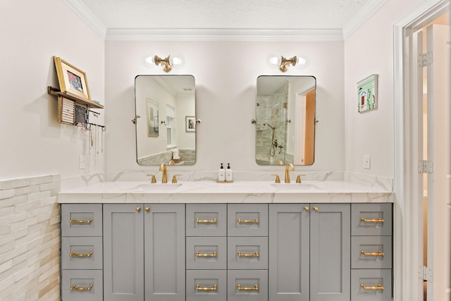 9382 Livernois Rd, Houston, TX 77080 - full bathroom featuring double vanity, crown molding, and an enclosed shower