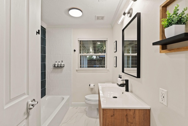 9382 Livernois Rd, Houston, TX 77080 - bathroom featuring ornamental molding, toilet, vanity, marble finish flooring, and baseboards