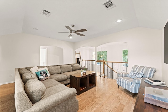 9382 Livernois Rd, Houston, TX 77080 - living room featuring vaulted ceiling, a ceiling fan, light wood-style floors, recessed lighting, and baseboards