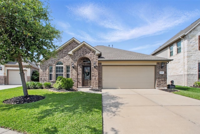 4609 Autumn Morning Dr, Spring, TX 77386 - view of front of house with brick siding, a front lawn, an attached garage, concrete driveway, and a shingled roof