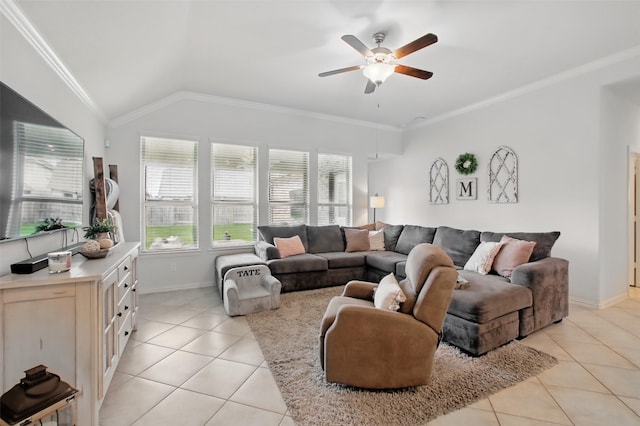 4609 Autumn Morning Dr, Spring, TX 77386 - living room featuring light tile patterned floors, plenty of natural light, baseboards, ornamental molding, and vaulted ceiling