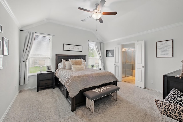 4609 Autumn Morning Dr, Spring, TX 77386 - bedroom featuring light colored carpet, lofted ceiling, baseboards, ornamental molding, and ceiling fan