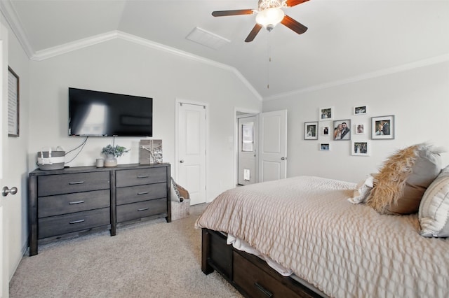 4609 Autumn Morning Dr, Spring, TX 77386 - bedroom with light carpet, lofted ceiling, ornamental molding, and ceiling fan