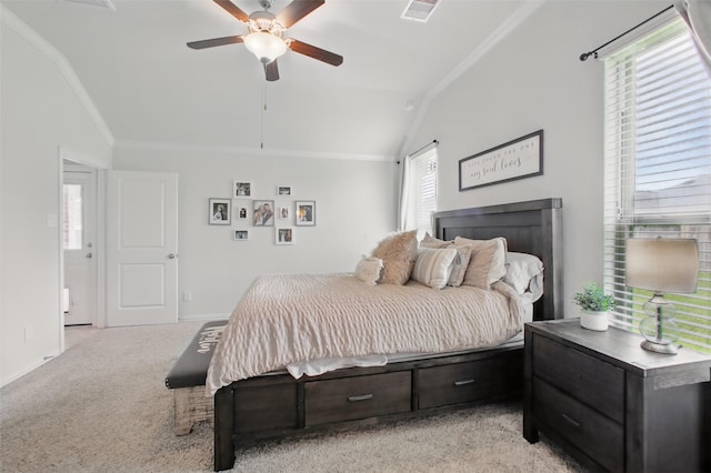 4609 Autumn Morning Dr, Spring, TX 77386 - bedroom featuring lofted ceiling, ornamental molding, light colored carpet, baseboards, and ceiling fan