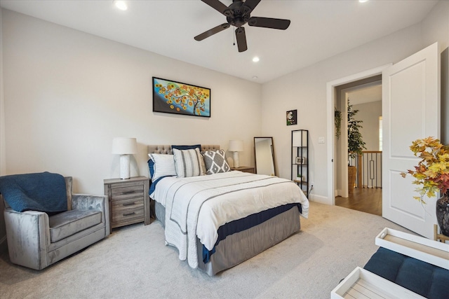 4019 Drummond St, Houston, TX 77025 - bedroom with light carpet, recessed lighting, a ceiling fan, and baseboards