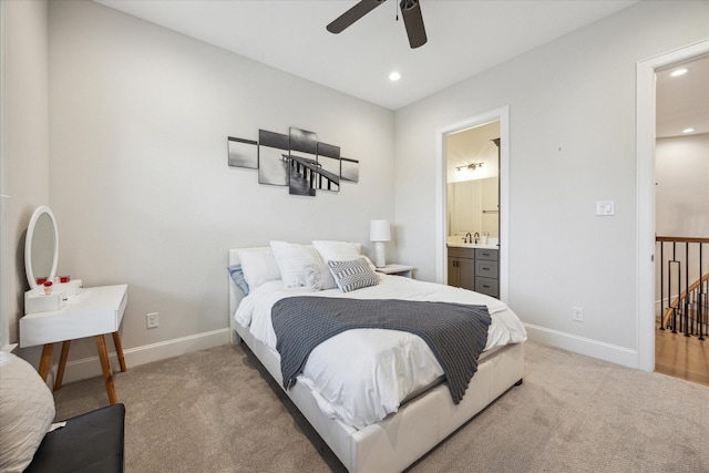 4019 Drummond St, Houston, TX 77025 - carpeted bedroom with baseboards, recessed lighting, ensuite bath, and ceiling fan