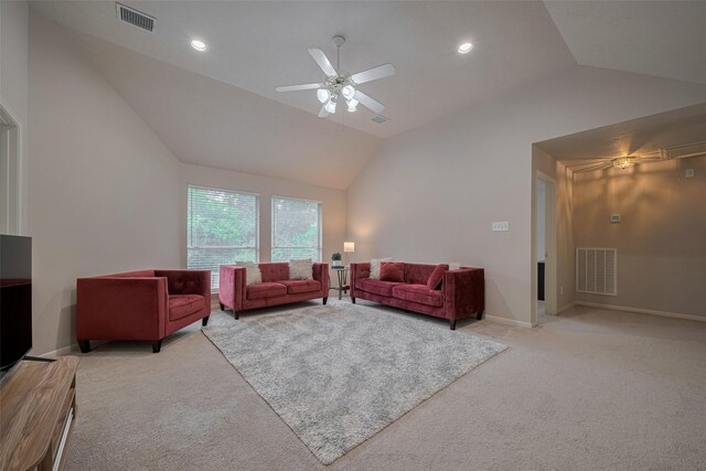 11943 Natural Bridges Ln, Sugar Land, TX 77498 - carpeted living area with lofted ceiling, ceiling fan, baseboards, and recessed lighting