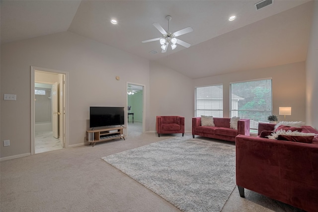 11943 Natural Bridges Ln, Sugar Land, TX 77498 - living room featuring lofted ceiling, a ceiling fan, light colored carpet, recessed lighting, and baseboards
