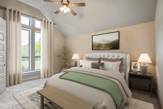 2715 Merlin Way, Katy, TX 77493 - bedroom featuring carpet, vaulted ceiling, and a ceiling fan