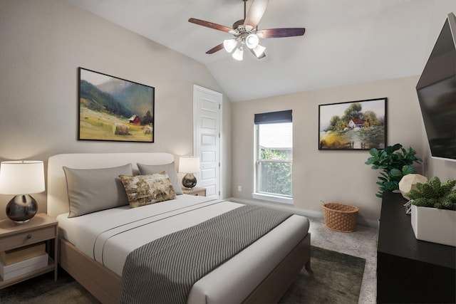 2715 Merlin Way, Katy, TX 77493 - carpeted bedroom with vaulted ceiling, ceiling fan, and baseboards