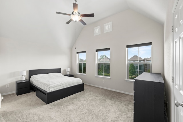10822 Brittmoore Oaks Pl, Houston, TX 77043 - bedroom featuring carpet flooring, high vaulted ceiling, baseboards, and a ceiling fan