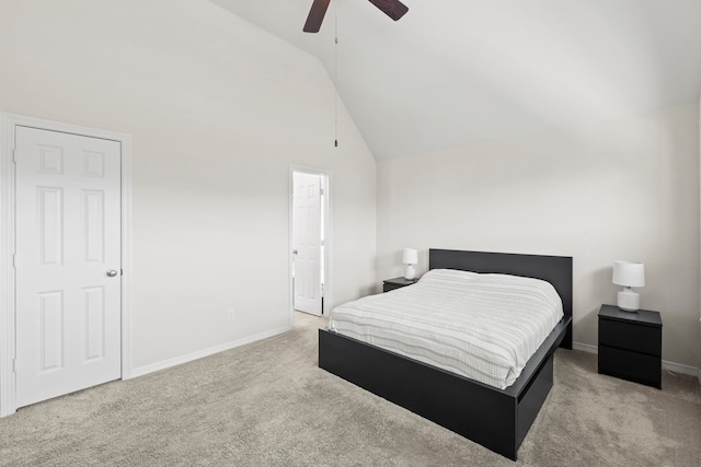 10822 Brittmoore Oaks Pl, Houston, TX 77043 - carpeted bedroom with baseboards, high vaulted ceiling, and ceiling fan