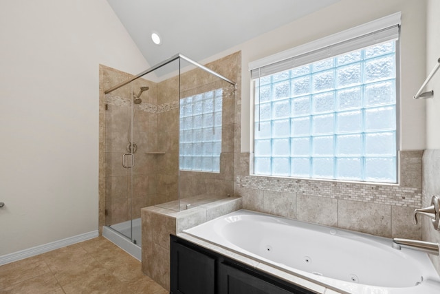 10822 Brittmoore Oaks Pl, Houston, TX 77043 - full bath featuring a whirlpool tub, a shower stall, vaulted ceiling, tile patterned flooring, and baseboards