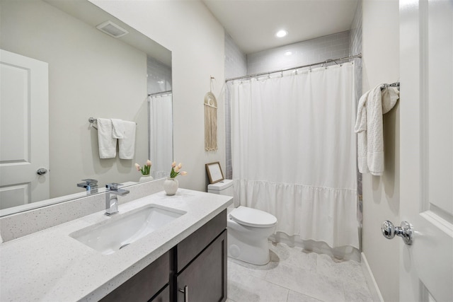 809 Burton Landing Ln, Houston, TX 77008 - bathroom with vanity, toilet, tile patterned floors, a shower with curtain, and recessed lighting