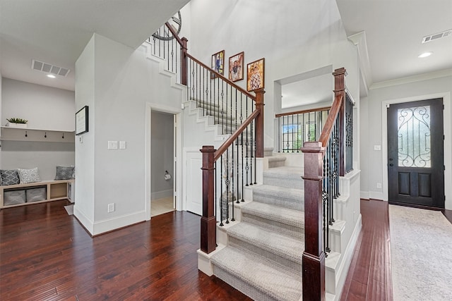 2603 Open Prairie Ln, Katy, TX 77493 - foyer featuring stairway, wood finished floors, baseboards, ornamental molding, and recessed lighting