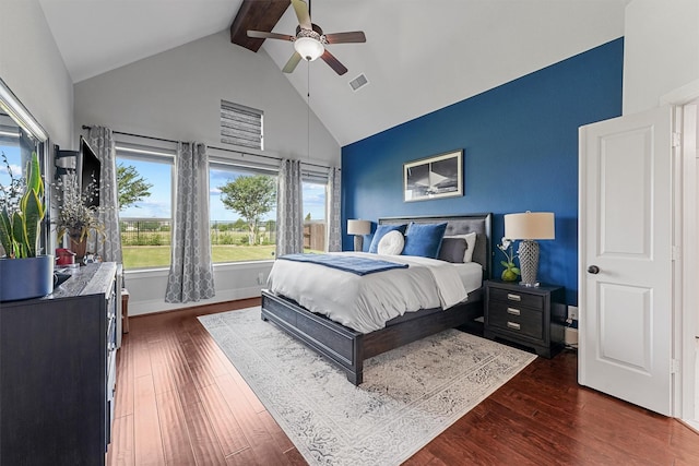 2603 Open Prairie Ln, Katy, TX 77493 - bedroom featuring high vaulted ceiling, multiple windows, dark wood-style flooring, beamed ceiling, and a ceiling fan